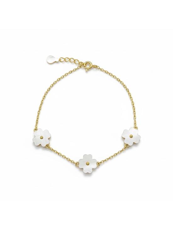7" Mother of Pearl 3 Clover Bracelet - 18K Gold over .925 Sterling Silver - Picture 2 of 5